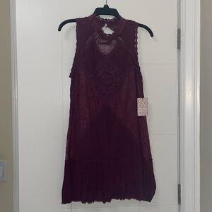 Free People Angel Lace Mini Dress Wine Sz L NWT